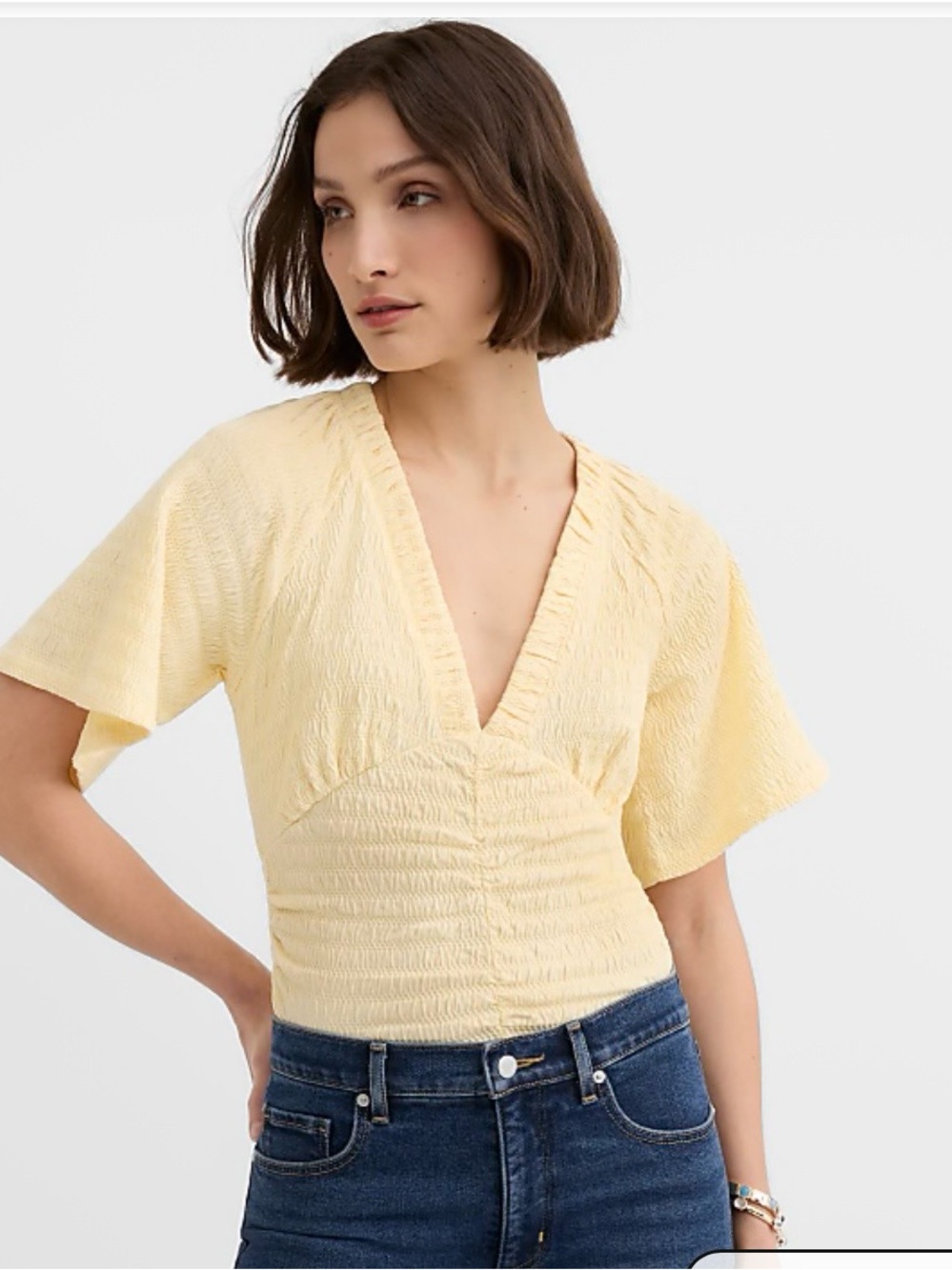 LOFT Pale Yellow Smocked V-Neck Flutter Sleeve Top Cotton